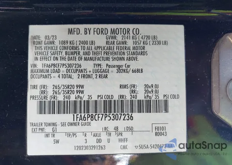 2023 Ford Mustang Gt Fastback/Gt Premium Fastback z USA, uszkodzony, nr VIN 01FA6P8CF7P530723